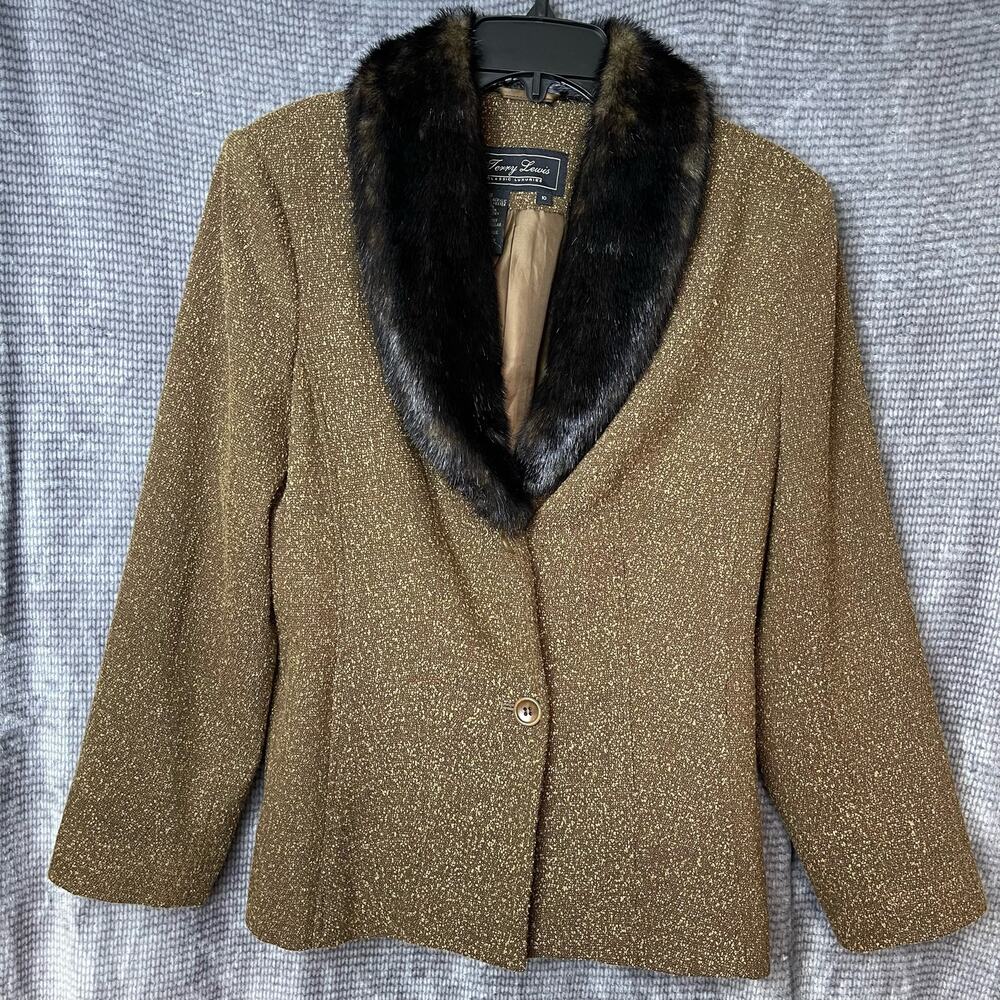 Terry Lewis Tweed Blazer Wool Blend Faux Fur Collar Size 10 Academia Girlboss‎